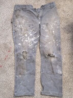 Vintage Distressed Carhartt Men's Slim Straight Gray Paint-Splattered Jeans